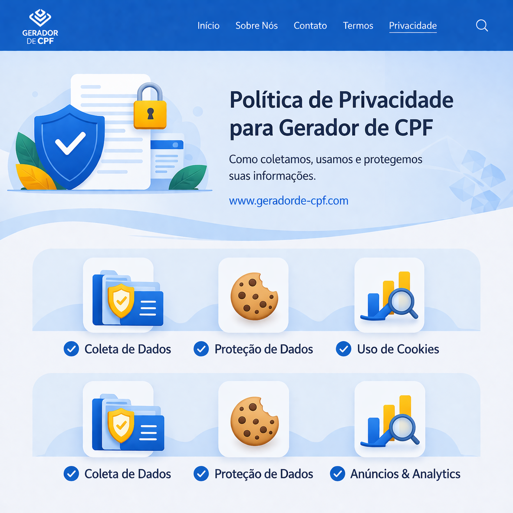 “Política de Privacidade do Gerador de CPF website com ícones de coleta de dados, cookies e anúncios.”